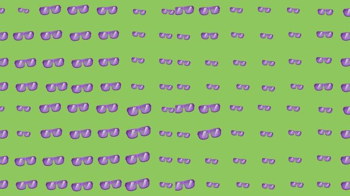 紫色眼镜在绿色背景上移动的动画