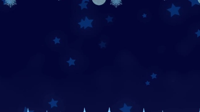 蓝色背景上的蓝色星星图标与圣诞挂饰和圣诞树图标