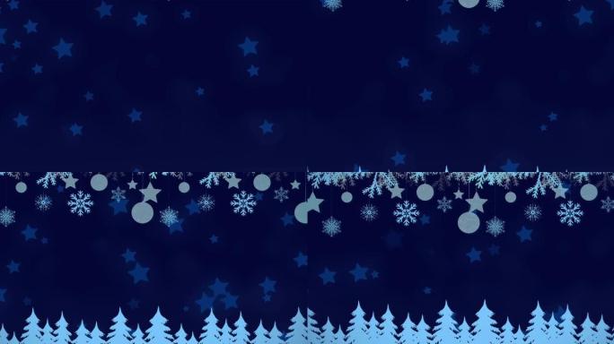 蓝色背景上的蓝色星星图标与圣诞挂饰和圣诞树图标
