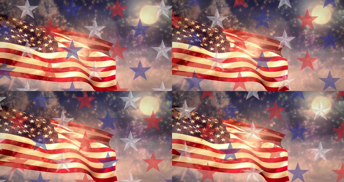 动画的星星移动过美国国旗和烟花