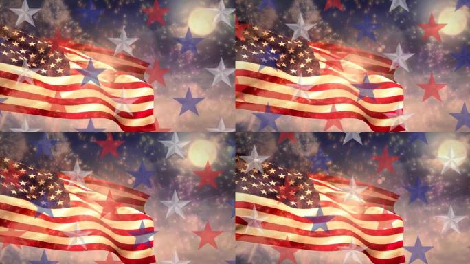 动画的星星移动过美国国旗和烟花
