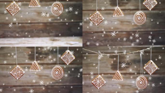 桌子上的圣诞节姜汁和雪的动画背景