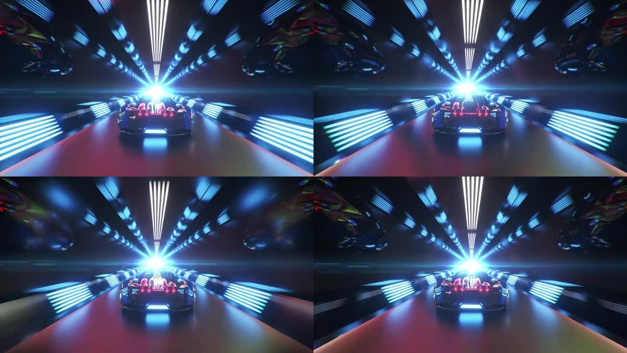 汽车高速冲过无尽的霓虹灯技术隧道。未来主义概念。无缝循环的3d动画