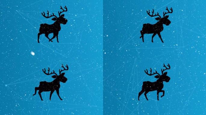 雪落在驯鹿的轮廓上，在蓝色背景上的连接网络上行走