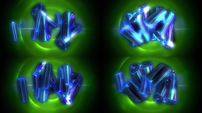 蓝色水晶的数字动画对抗黑色背景上的绿色螺旋光迹
