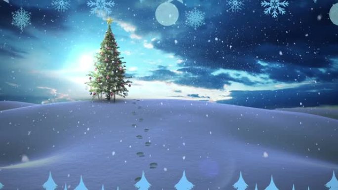圣诞装饰品悬挂在冬天风景上落在圣诞树上的雪上