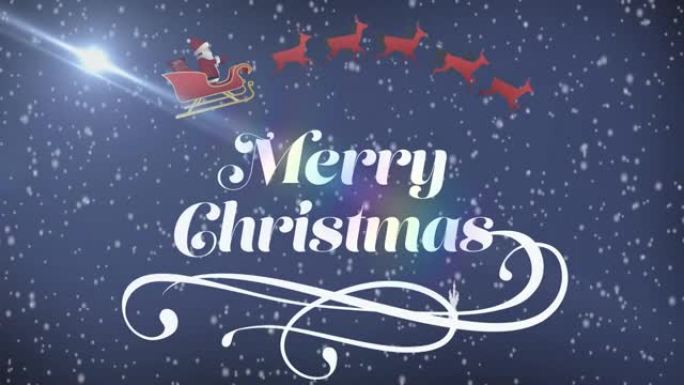 雪花落在圣诞快乐文字和圣诞老人雪橇上的动画