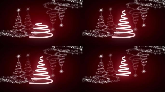 红色背景上形成圣诞树的圣诞白色丝带动画