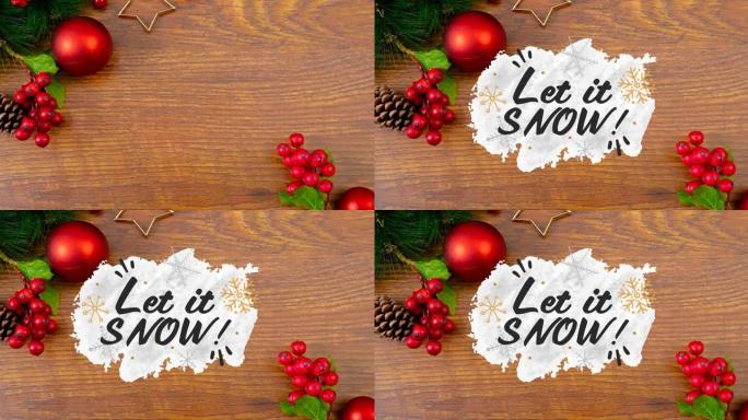让它下雪的动画木制背景上的圣诞节文本和装饰品