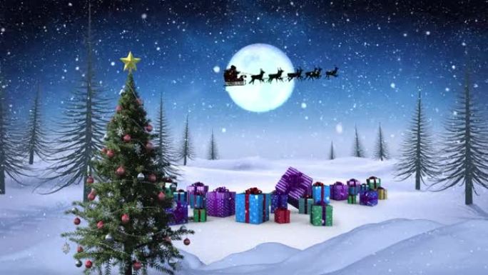 雪落在圣诞树上，并在夜空的冬季景观上收到圣诞节礼物
