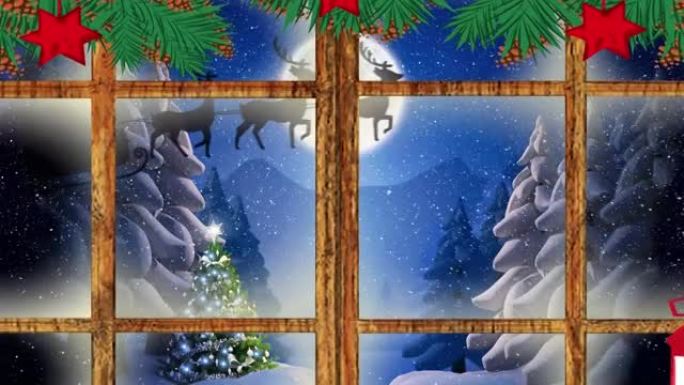 圣诞老人在雪橇上的动画，驯鹿在雪上从窗户看到