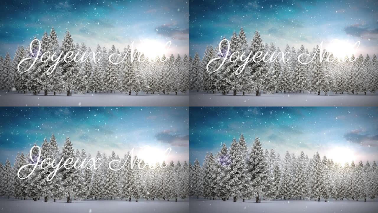 joyeux noel文字动画，冷杉树和雪落在冬天的风景上