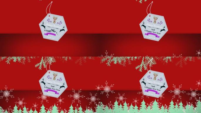 红色背景上飘落的雪花上的圣诞节文字动画