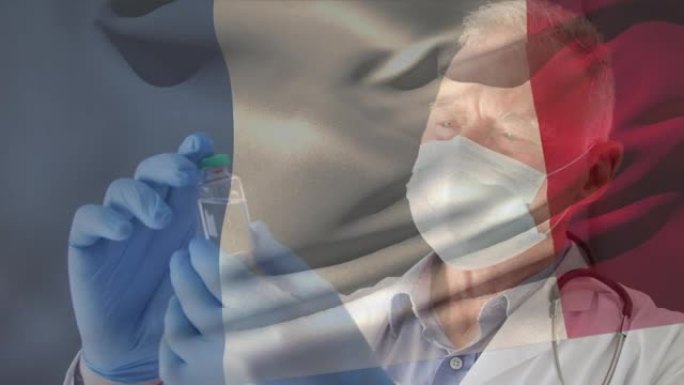 法国国旗的动画挥舞着戴着口罩和疫苗的医生
