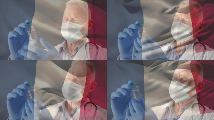 法国国旗的动画挥舞着戴着口罩和疫苗的医生
