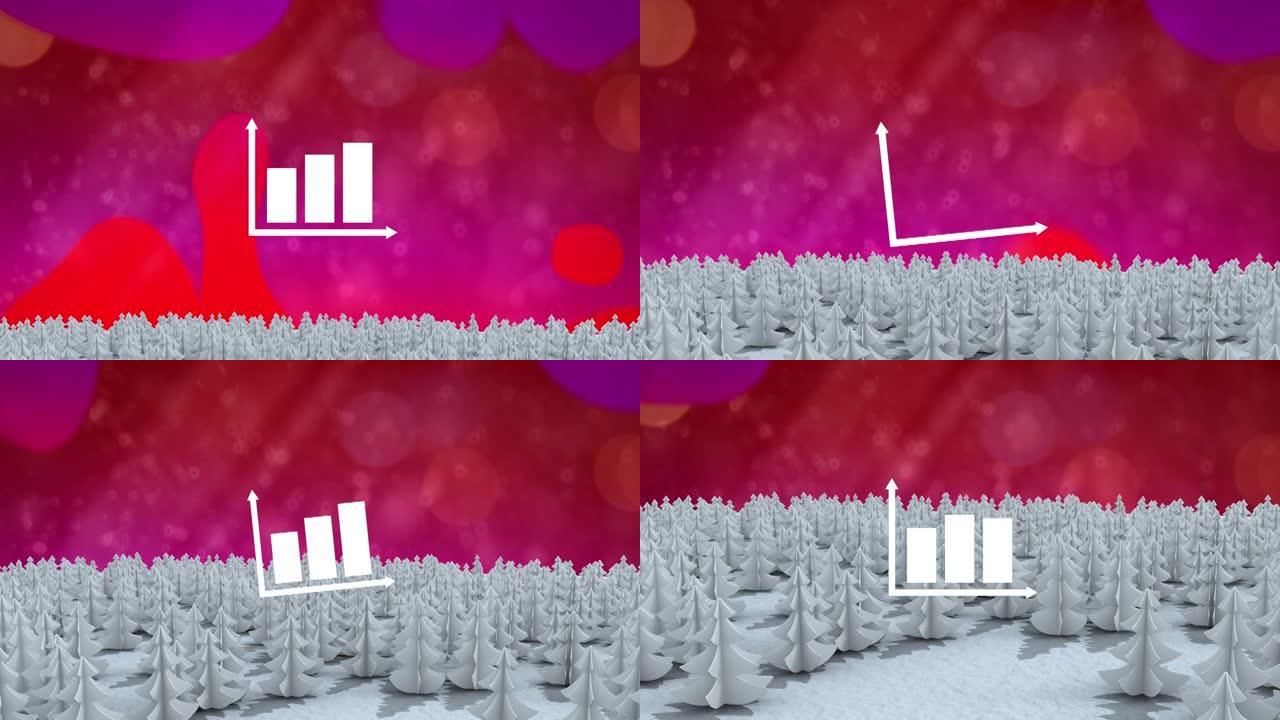 冬季景观上的多棵树上的条形图图标，粉红色背景上的光斑
