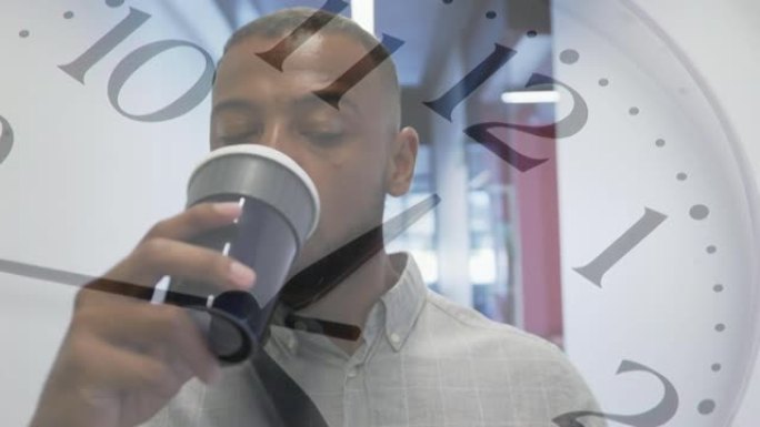 非裔美国商人喝咖啡的时钟动画
