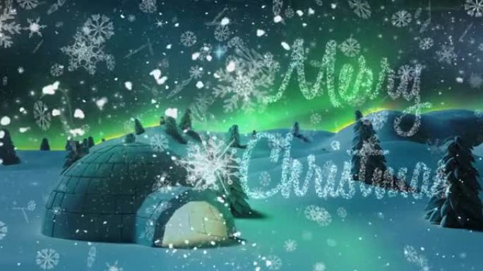 圣诞快乐，雪花在冬季景观上落在冰屋上的流星上