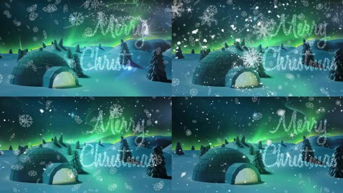 圣诞快乐，雪花在冬季景观上落在冰屋上的流星上
