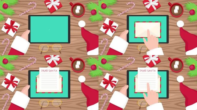 4k视频动画圣诞老人拿着平板电脑的顶视图，在圣诞餐桌上打开电子邮件。圣诞老人正在点击信封打开带有孩子