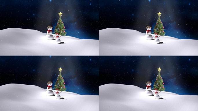 雪落在圣诞树上，雪女人和婴儿雪人在夜空的冬季景观上