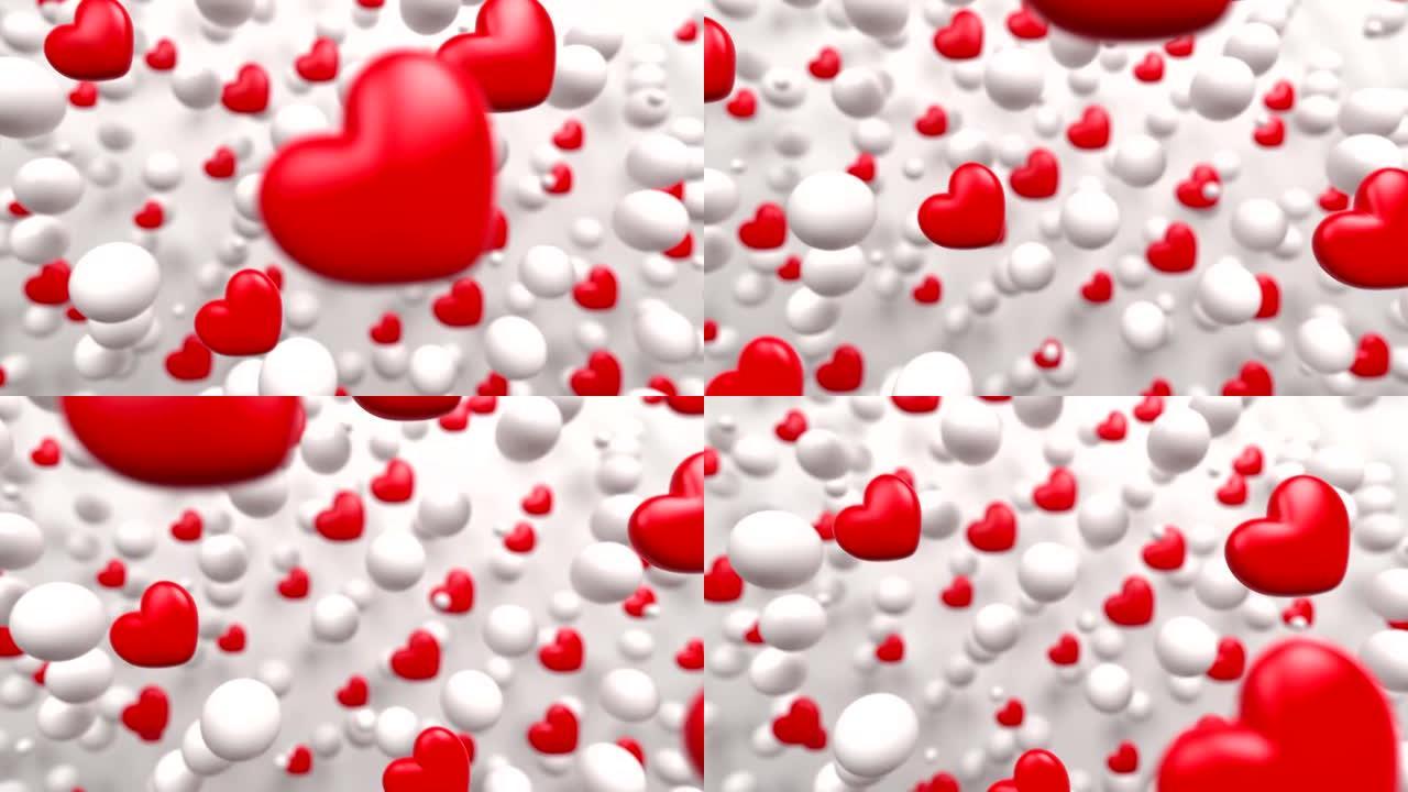 带有红色心形形状的情人节概念。循环3D背景