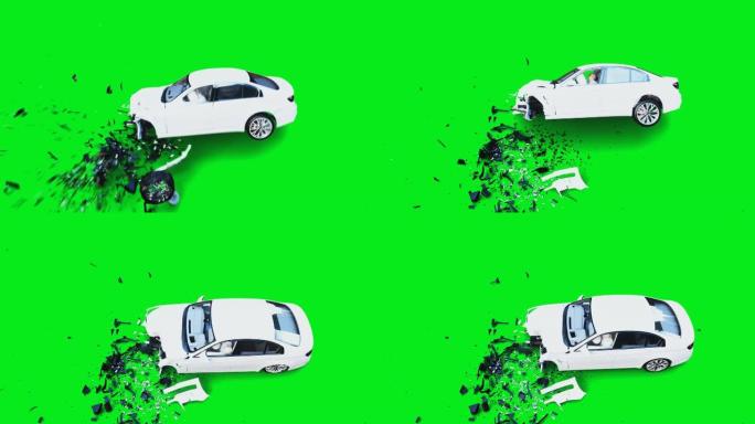 白色通用3d汽车撞上了看不见的墙。车祸概念。绿屏4k动画。