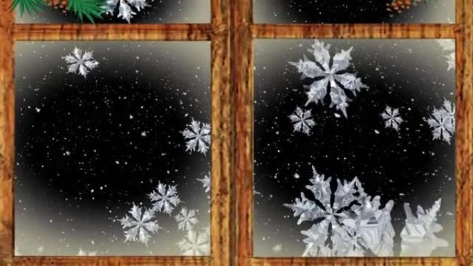 黑色背景上透过窗户看到的圣诞装饰品的动画