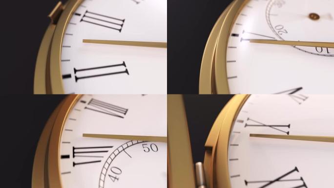 黄金手表minute arrow的特写镜头，摄像机全天候移动。3d渲染