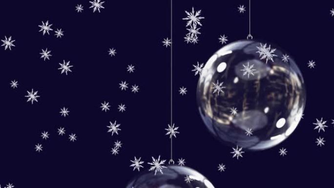 黑色背景上的雪落在玻璃圣诞小玩意上的动画