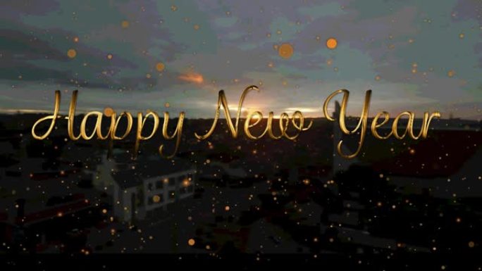 带有橙色斑点的新年问候动画落在城市景观背景上