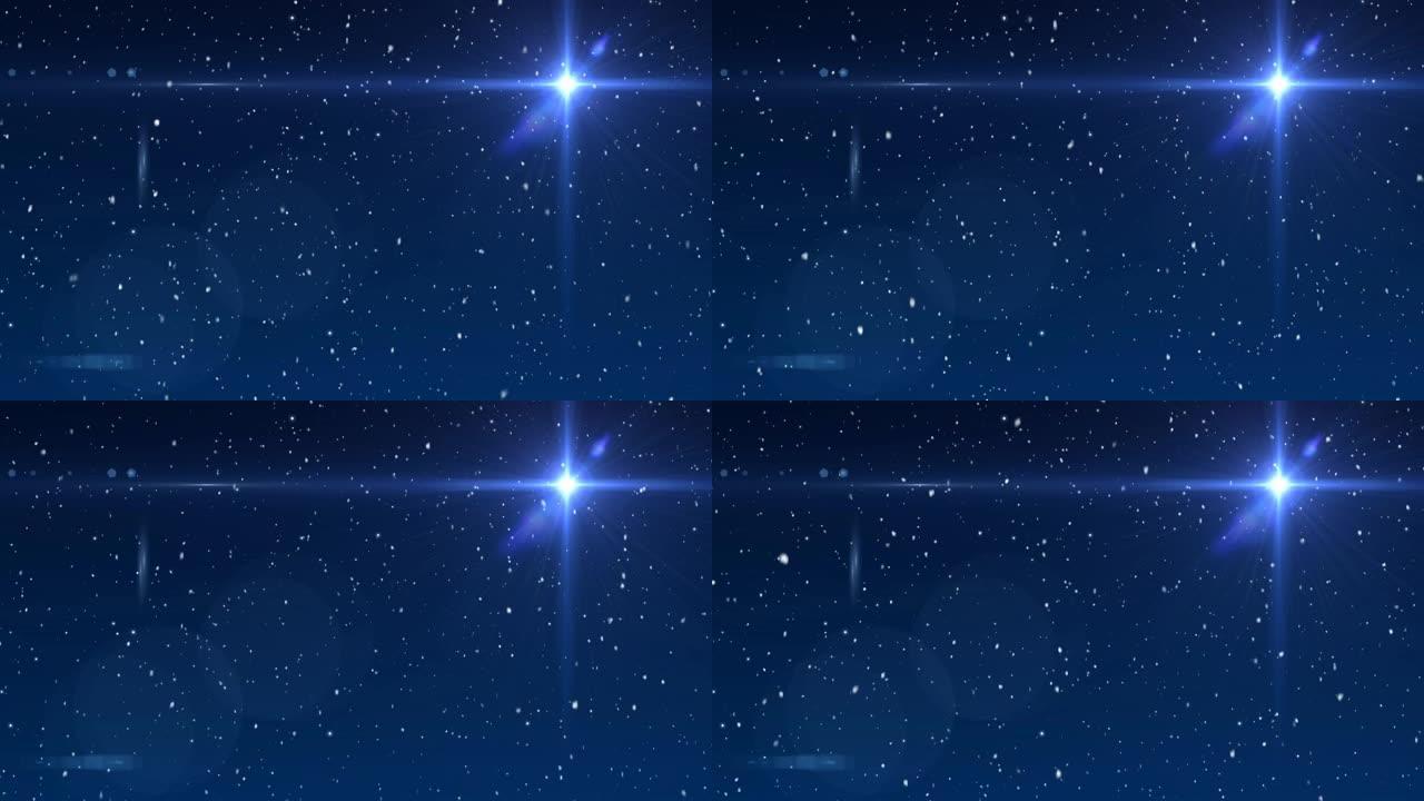 蓝天上的雪落在发光的星星上的动画