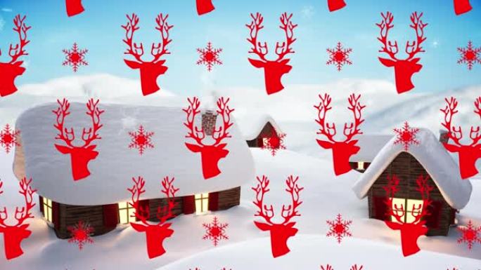 冬天风景中房子上空的雪花和驯鹿动画