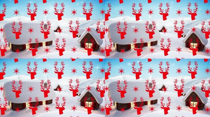 冬天风景中房子上空的雪花和驯鹿动画