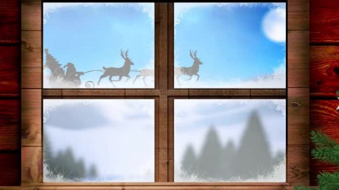 圣诞老人在雪橇上的动画，通过窗户看到驯鹿
