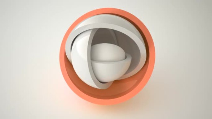 白色背景上橙色白色半球的旋转。三维动画。白色纹理。球体、圆圈、3d环。镜像