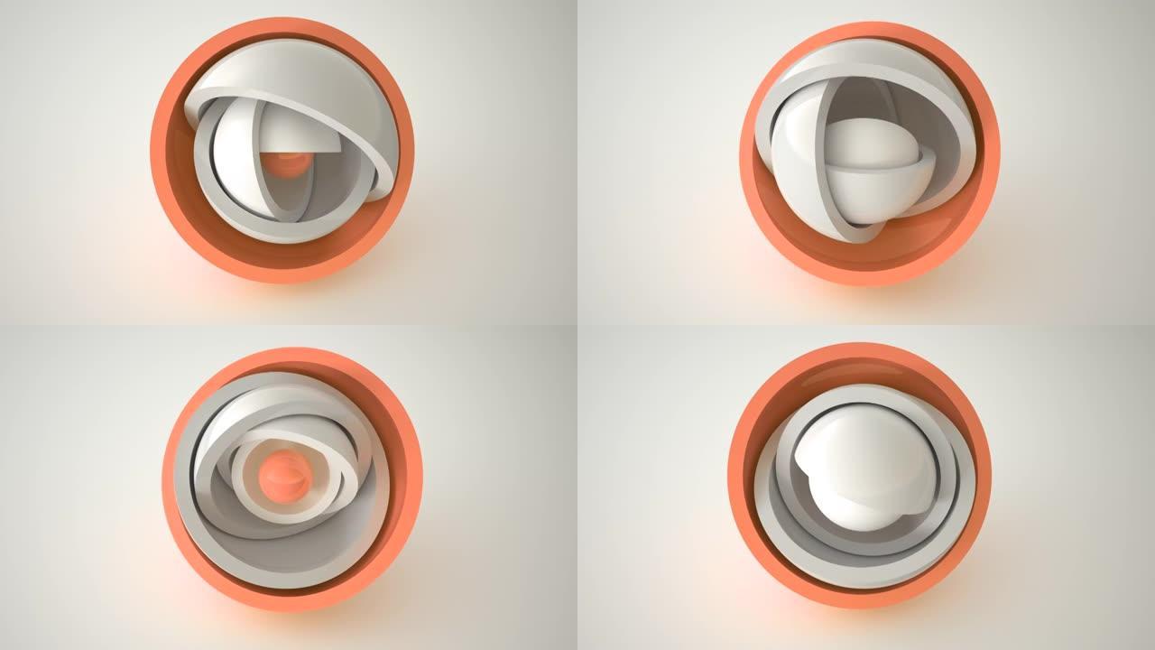 白色背景上橙色白色半球的旋转。三维动画。白色纹理。球体、圆圈、3d环。镜像