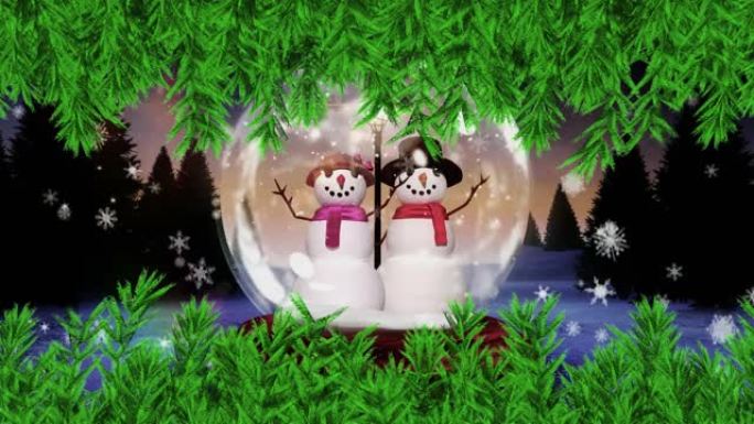 冬季风景中圣诞雪球上的枞树树枝动画