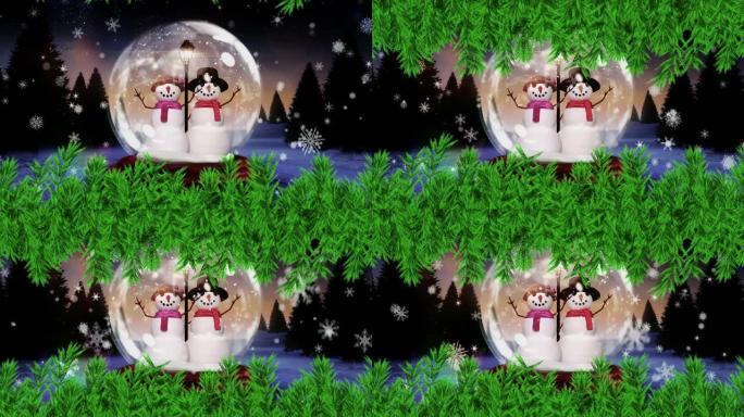 冬季风景中圣诞雪球上的枞树树枝动画