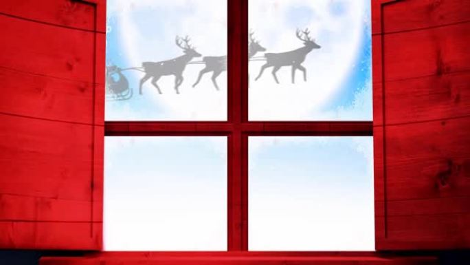 圣诞老人在雪橇上的动画与驯鹿在冬天的风景透过窗户看到