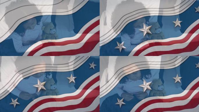 美国国旗在非裔美国女孩和泰迪熊在床上挥舞的动画