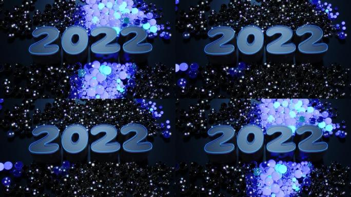 循环新年bg。数字2022和圣诞花环的球或球体散落在平面上，点亮蓝紫色，形成美丽的图案。带霓虹灯的4