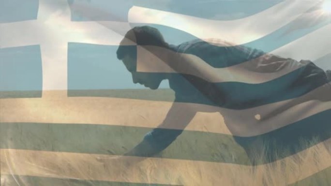 动画希腊的旗帜吹着，男农民正在检查地里的小麦