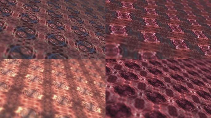 3D透视红色垃圾圆形图案瓷砖网格形成纹理图案动画。4k无缝环路电子发光二极管墙数字电路概念为科学技术