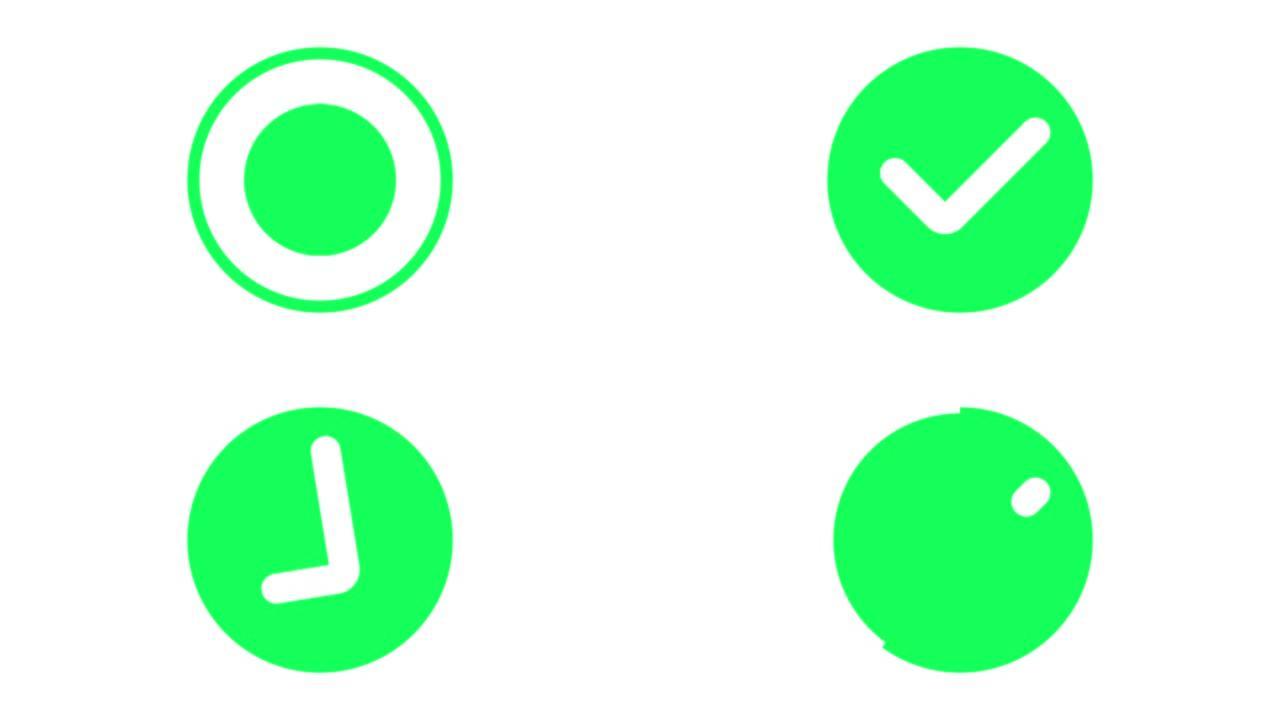 运动图形视频。绿色圆圈上的白色同意勾号。图形平面动画元素的外观