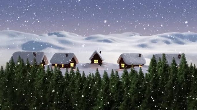 积雪落在带有渐变背景的树木和房屋的冬季景观上