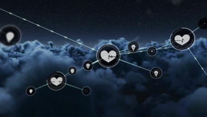 图标和心在云上的连接网络动画