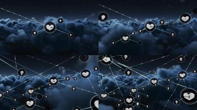 图标和心在云上的连接网络动画