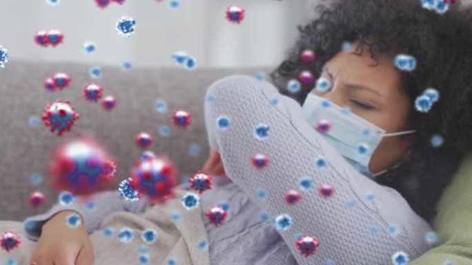 混合种族妇女在家咳嗽时冠状病毒细胞的动画
