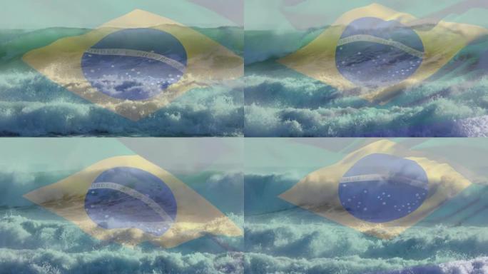 数字构图挥舞巴西国旗对抗海浪在海